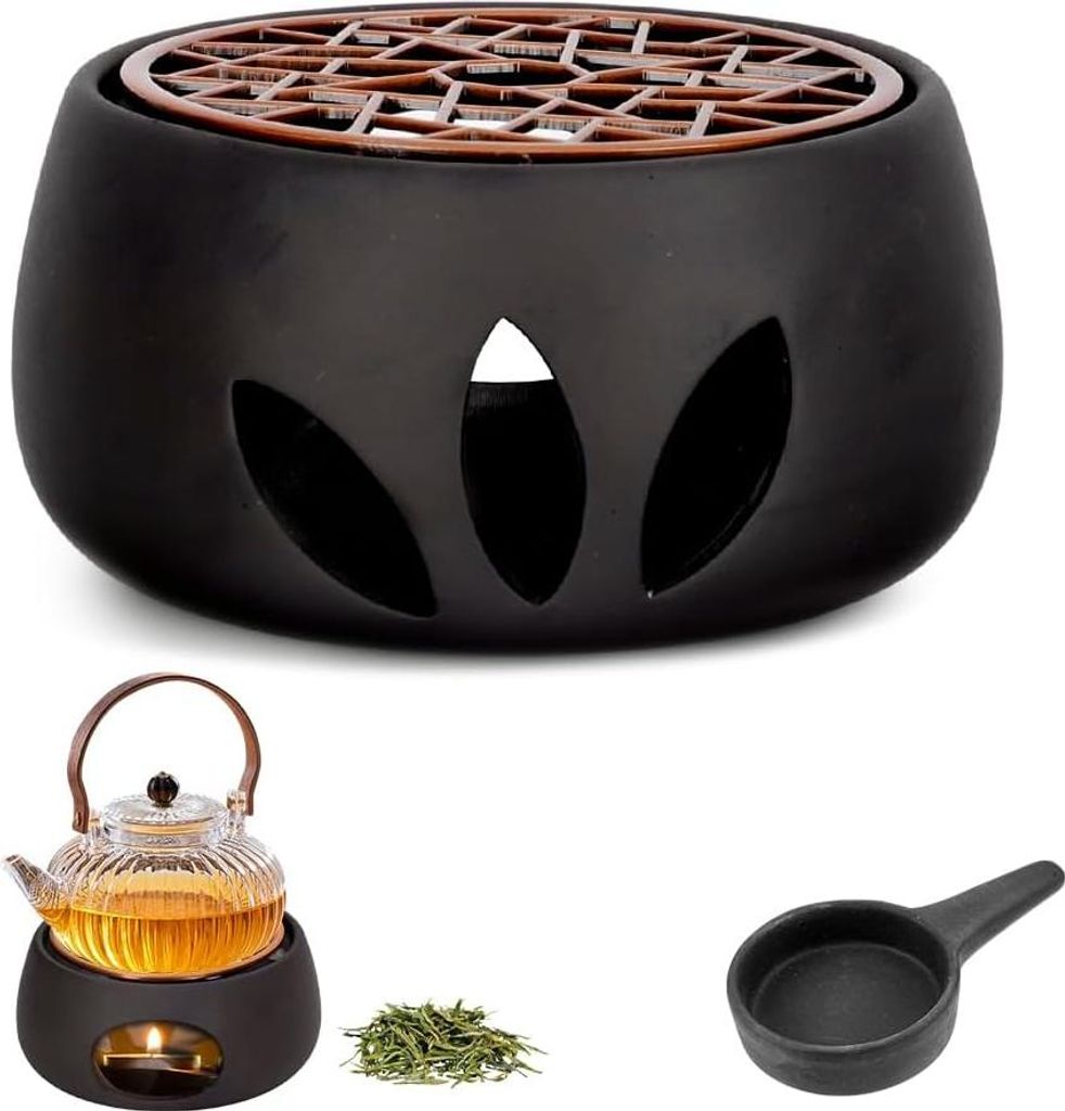Stövchen für Teekanne, Porzellan Teewärmer mit Teelichthalter und Herdmatte Hohl Geschnitztes Design Kaffeewärmer Teestövchen Stövchen Keramik