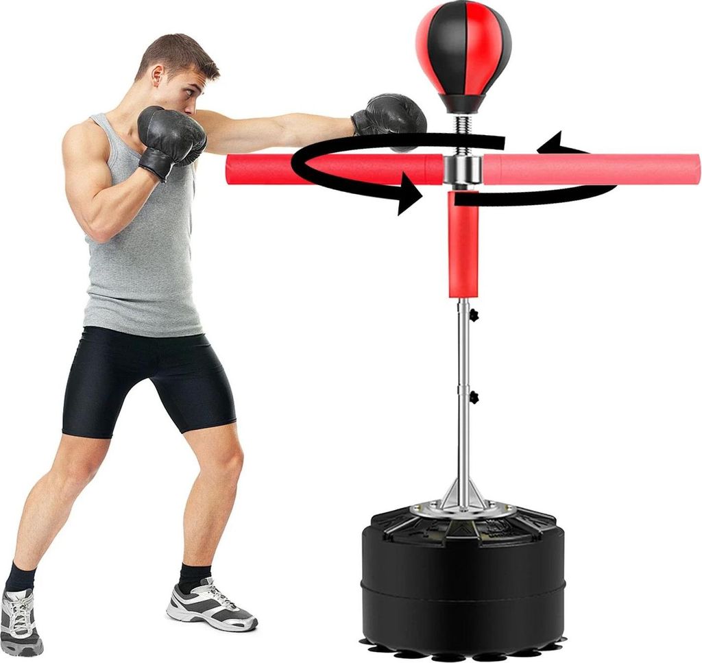 Box-Reflexball - Standboxsack - Höhenverstellbar - Drehbarer Arm - Reaktionsstange - Schwerer Standfuß - Speed-Training - Rot