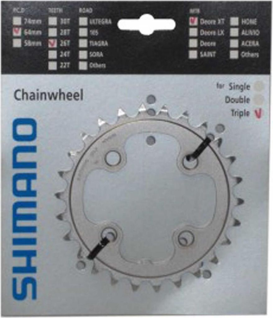 SHIMANO Y1J226000 Deore XT Kettenblatt, 26 Zähne, Lochkreis 4 x 64 mm, für Deore XT/LX FC-M771/M761/M583, silber