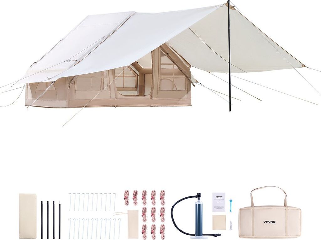 Aufblasbare Zelte für Camping 3x2x2 m, 3–5 Personen, 300D Oxford 4-Jahreszeiten-Glamping-Zelt mit Baldachin, Handpumpe, Ofenanschluss, 2 Türen ...
