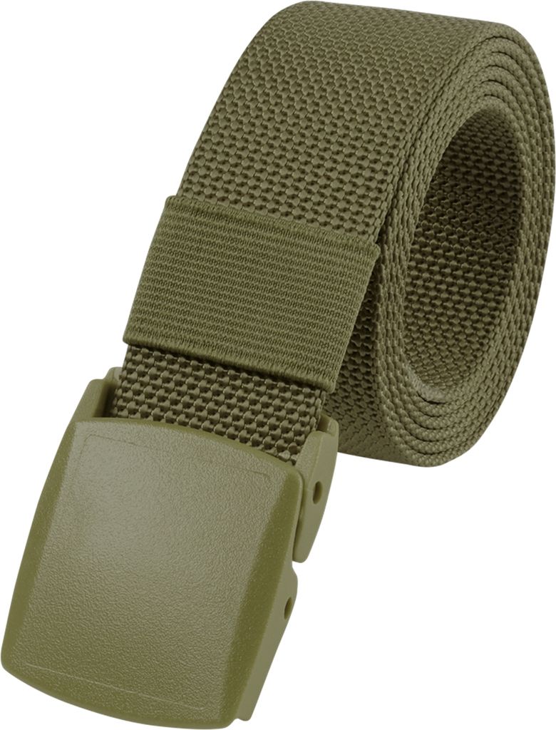 A close-up studio shot of a green belt with a plastic buckle.