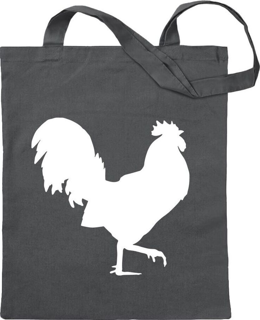Kiwistar - Baumwolltasche - stahlgrau - Hahn - Gockel - Huhn - Tragetasche Stoffbeutel Umhängetasche langer Henkel