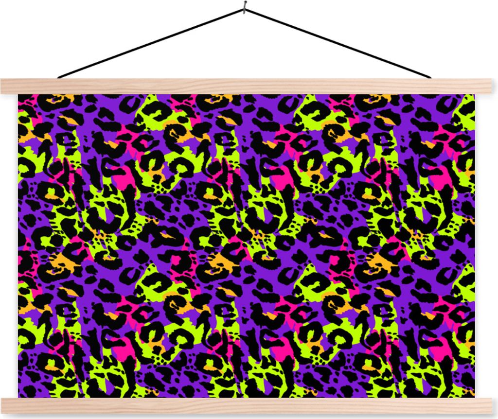 MuchoWow Textilposter Pantherdruck - Neon - Lila - Gelb 120x80 cm mit holzfarbenen Rahmen - Aufhängeset