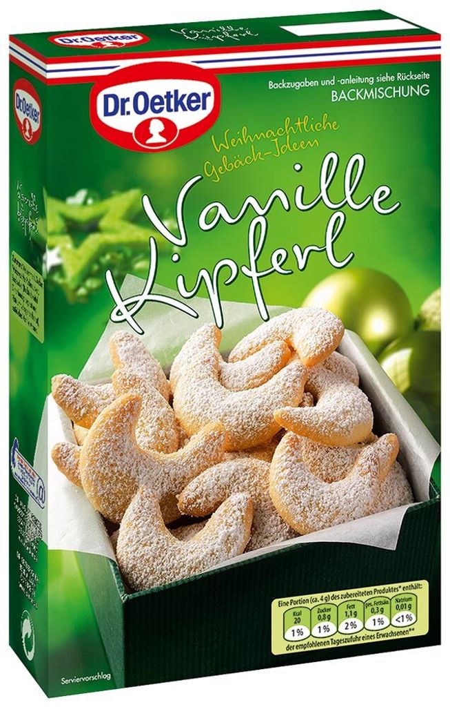 A box of Dr. Oetker Vanille Kipferl baking mix with a picture of the finished cookies on the front.