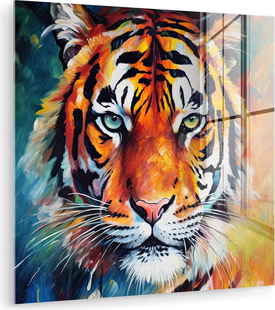 MuchoWow Glasbilder - Bilder auf Wandbild - Foto auf Glas Tiger - Tiere - Ölgemälde - Kunst 20x20 cm Wanddekoration aus Glas - Acrylglasbild - Ac...