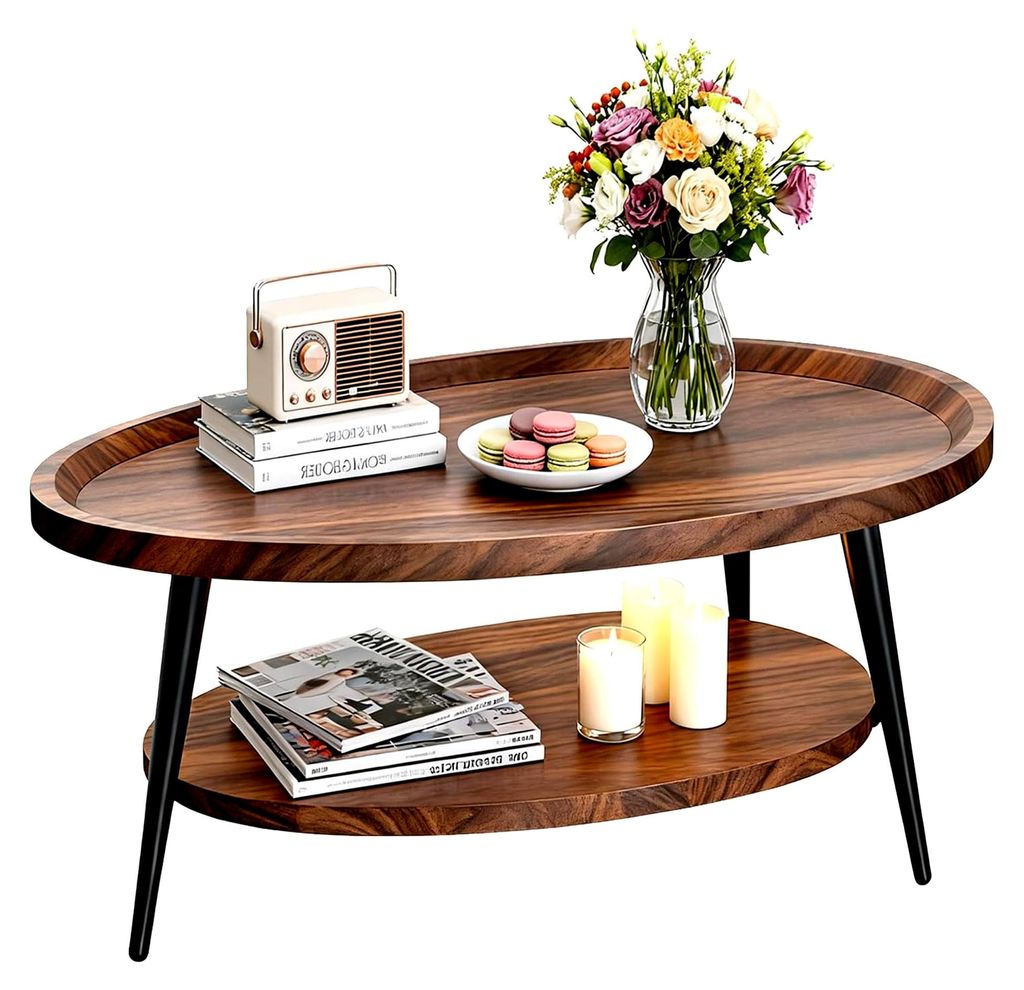 Ovaler Couchtisch mit 2 Ebenen, Wohnzimmertisch aus Holz, kleiner Couchtisch mit schwarzen Beinen, für Wohnzimmer und Schlafzimmer, modernes Desig...