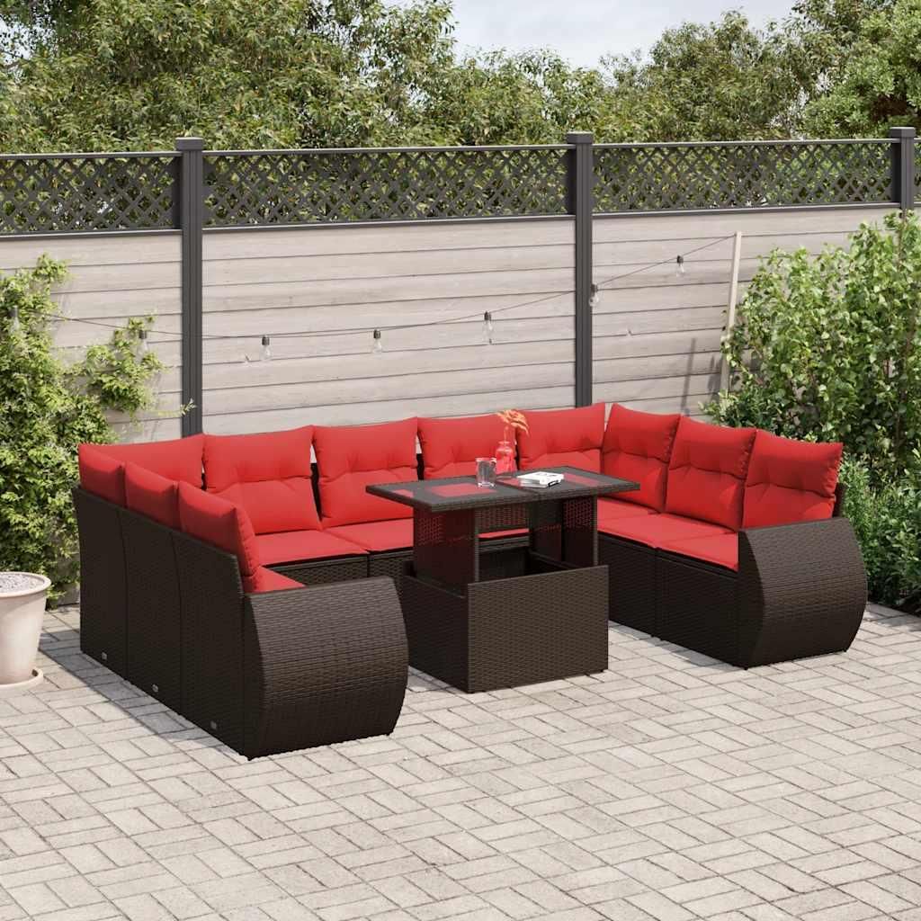 Maison Exclusive - 10-teiliges Gartensofa-Set mit Kissen, braun, Polyrattan