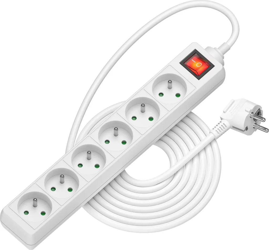 Bloc multiprise 5m pour bureau et salon 6 prises 230V Alza Blanc