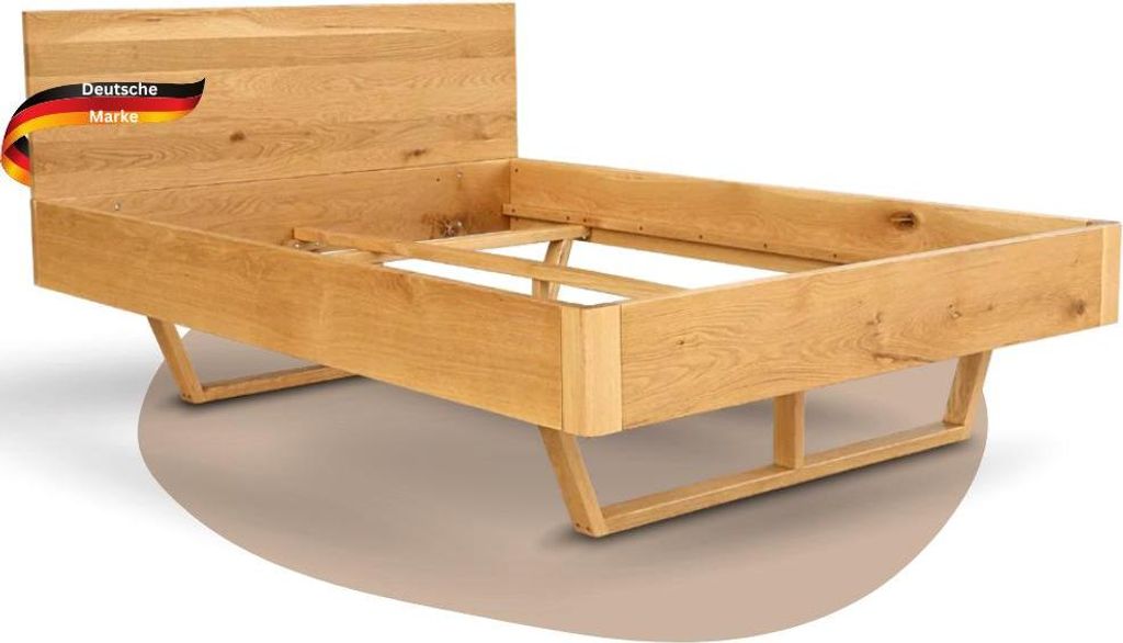 DELUKE Massivholzbett 140x200cm KEILO - Eichenholz | Bettrahmen mit Bettkopf, Holzbett naturgeölt, Holzkufen | Bettgestell Doppelbett Futonbett