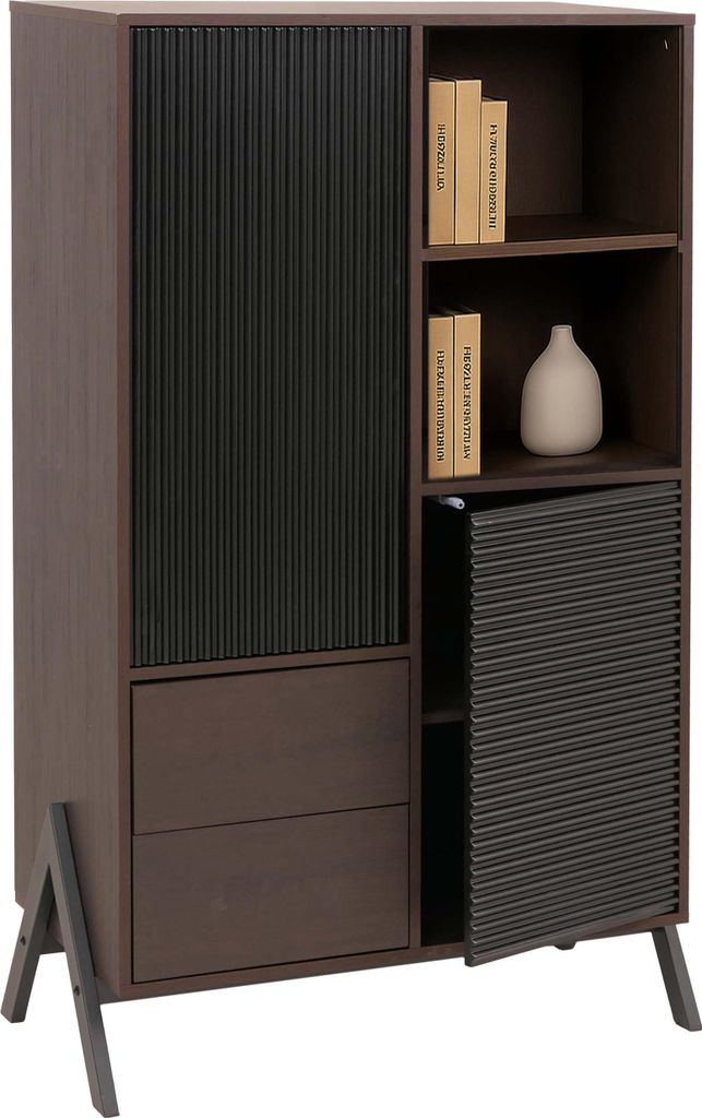 Hochschrank MCW-O40, Schrank Highboard mit Türen Staufächer Schubladen, MDF Metall Melamin 138x79x40cm Walnuss-Optik