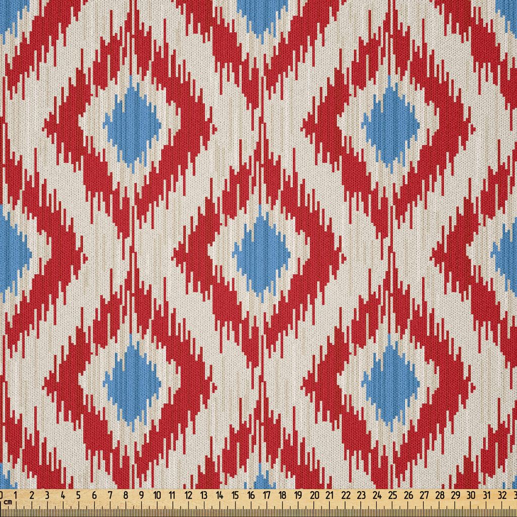 ABAKUHAUS Ikat Microfaser Stoff als Meterware , Wiederbelebung-Muster-klassische Diamant-Linie Muster mit traditionellen Gestaltungselementen, 5 M ...