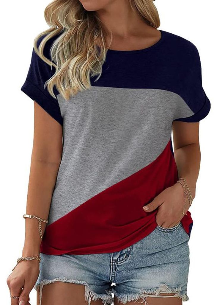 Damen Kurzarm-Top mit Farbblock-Design, lässiges Sommer-T-Shirt,Größe:S