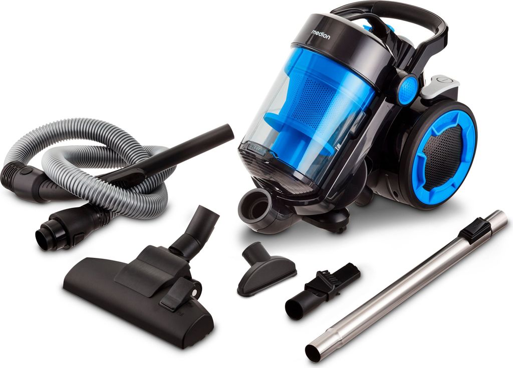 A vacuum cleaner and its accessories are displayed on a white background.