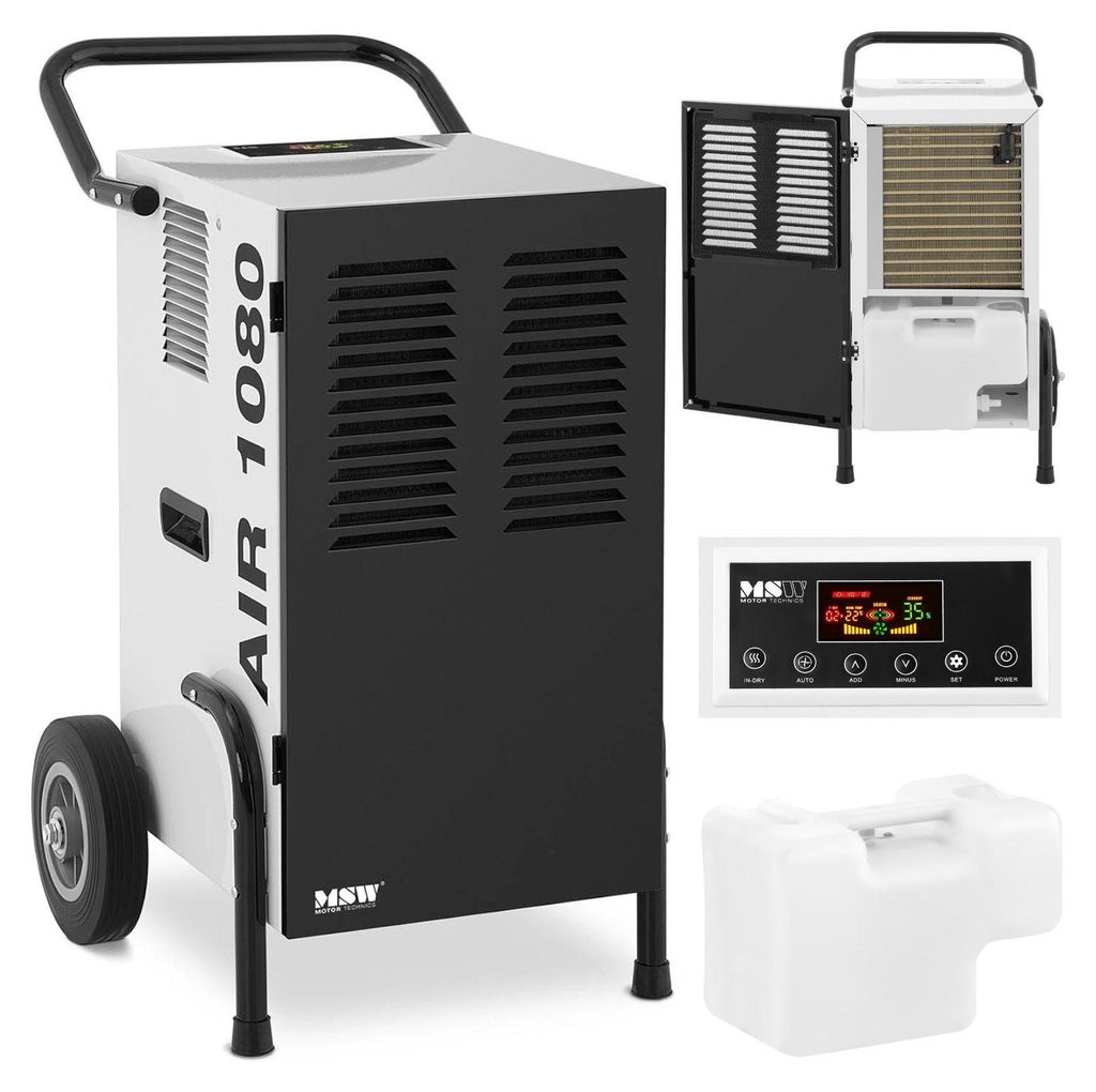 A dehumidifier and its control panel are displayed against a white background.