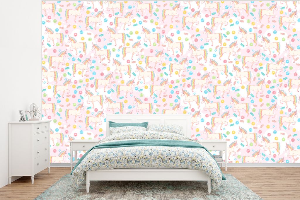 MuchoWow Fototapete für Wohnzimmer oder Schlafzimmer Wandtapete Vinyl Motivtapete Einhorn - Bonbon - Regenbogen - 400x300 cm - Papiertapeten