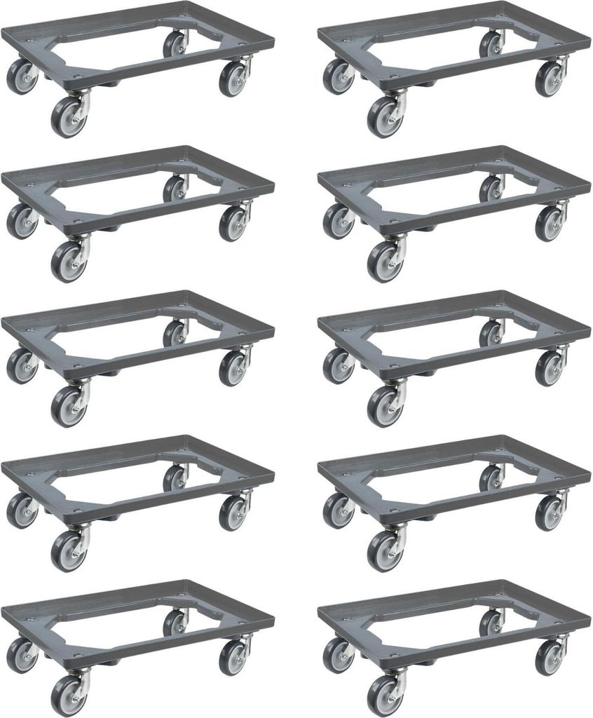 SparSet 10x Transportroller für Euroboxen 60x40cm mit Gummiräder grau | Offenes Deck | 2 Lenkrollen & 2 Bremsrollen | Traglast 300kg | Kistenroll...