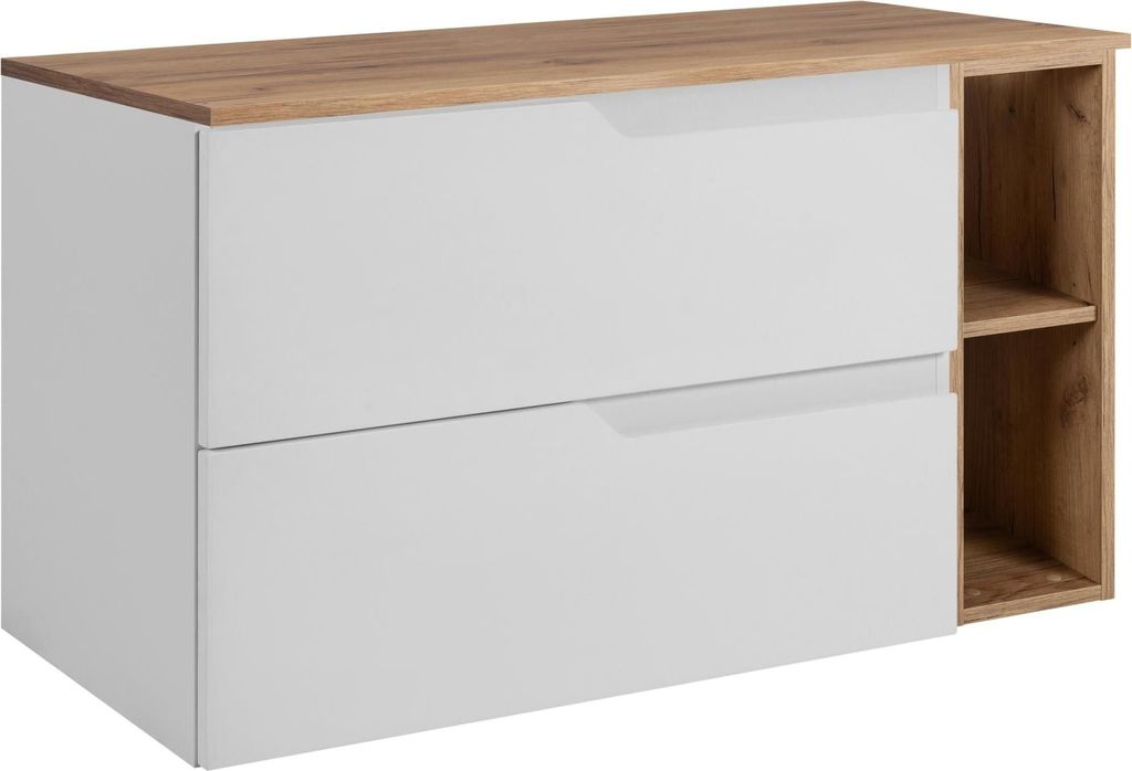 A modern white and brown bathroom vanity with two drawers and an open side shelf.