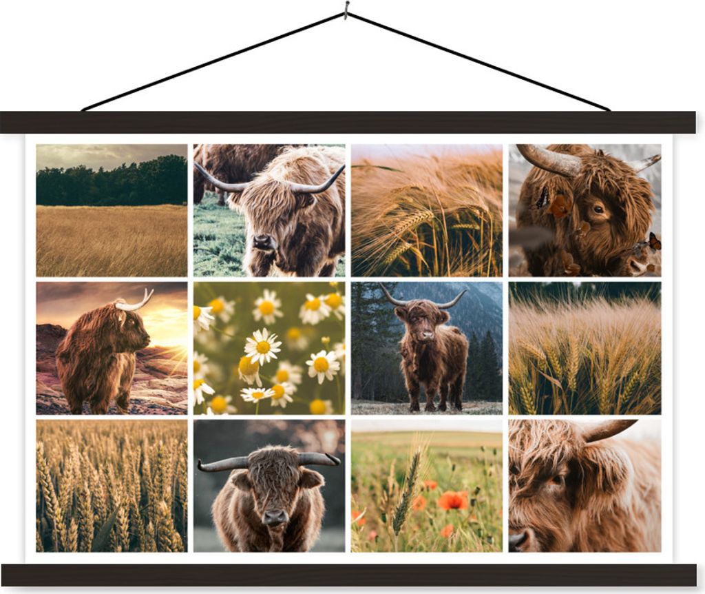 MuchoWow Textilposter Schottisches Hochlandrind - Collage - Blumen - Garten 60x40 cm mit schwarzem Rahmen - Hölzernes