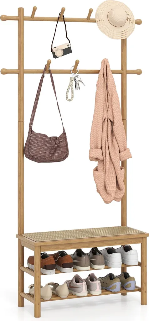 COSTWAY Porte-manteau 3-en-1 avec banc à chaussures en bambou naturel