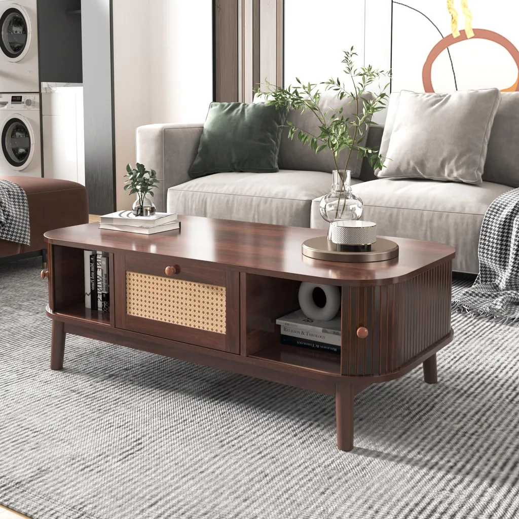 Okwish Table Basse Rotin avec Tiroirs et Portes Coulissantes 110x55x38cm