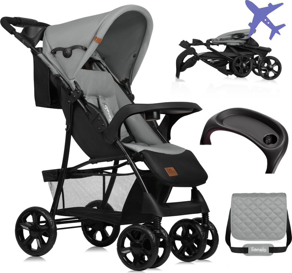 A collage of a baby stroller and its accessories, including a tray and a bag, with a small graphic of an airplane.