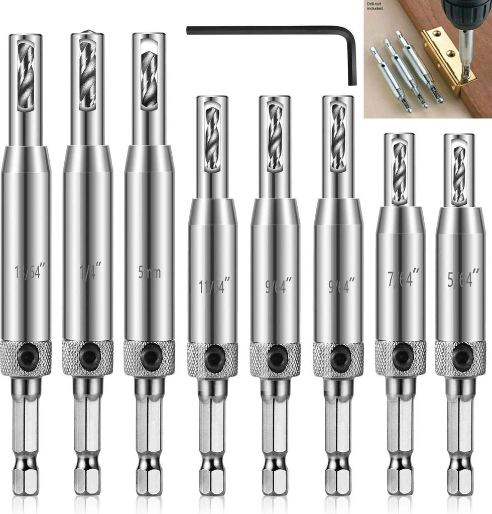 Scharnierbohrer-Set, 9-teilig, HSS-Selbstzentrierender Scharnierbohrer, Robuster und langlebiger Scharnier-Pilotlochbohrer für Möbelschreiner (5/...