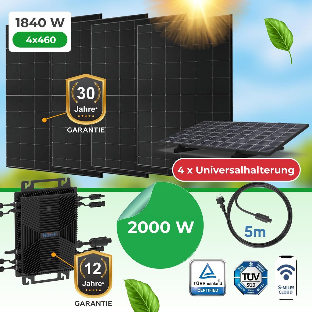 Balkonkraftwerk 1840 W Komplettset – 4x 460 W bifaziale Glas-Glas Full-Black Module + 2000 W WLAN-Wechselrichter (Inkl. Universalhalterung)