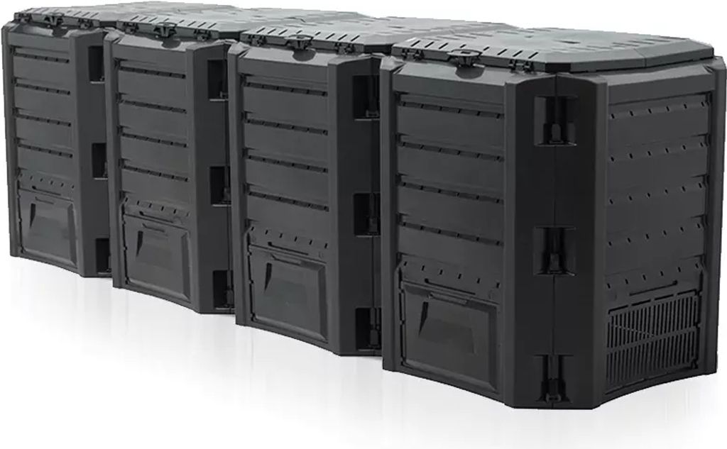A row of four black compost bins.