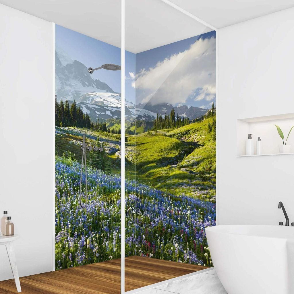 Duschrückwand Blumen selbstklebend - 0.61 mm Wandpaneel wasserfest Blumenwiese grün Motiv Badrückwand fugenlos Premium matt 100x190 cm