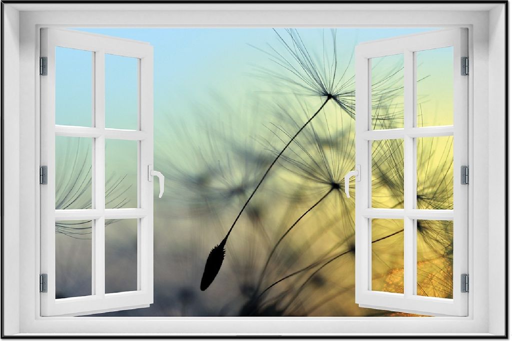 Wallario Wandbild mit Fenster-Illusion: Samen der Pusteblume in Nahaufnahme vor blauem Himmel, Größe: 61 x 91,5 cm, Poster mit schwarzem Aluminiu...
