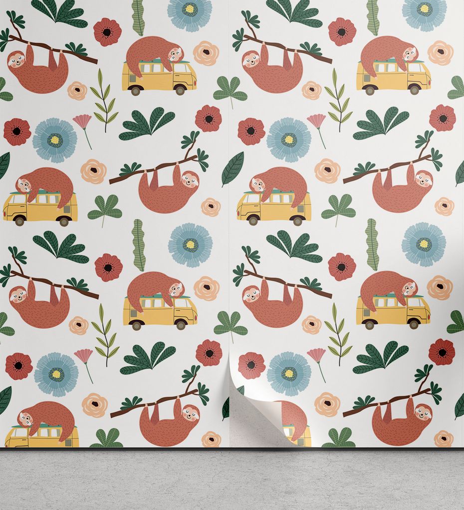 ABAKUHAUS Jungle Nursery abziehbare & klebbare Tapete für Zuhause, Sloth auf Bus Ast, selbstklebendes Wohnzimmer Küchenakzent, 33 cm x 250 cm, We...