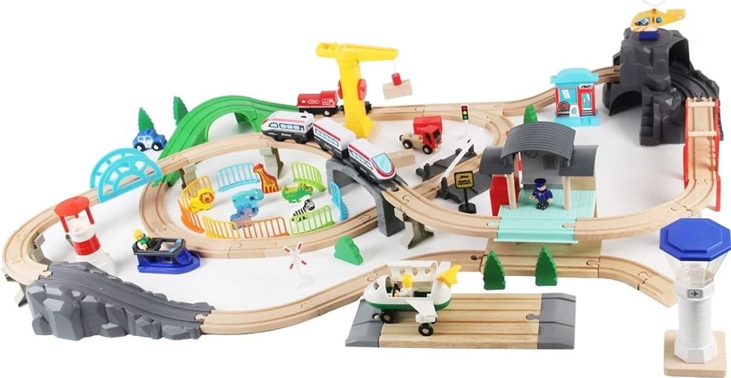 Banditen & Engel Holzeisenbahn-Set zum Thema Transport, 100-teilig, ab 3 Jahren, für Jungen und Mädchen – Eisenbahnset aus Holz inklusive Zubeh...