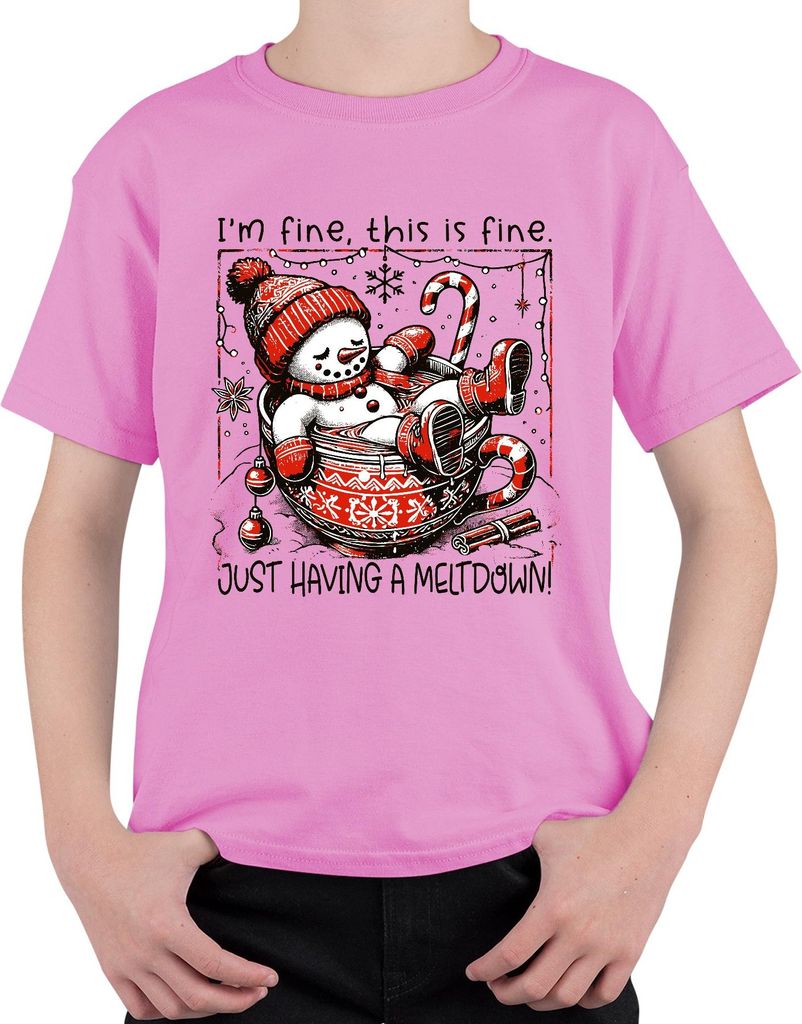 I'm fine this is fine meltdown Schneemann lustig Uni Kinder T-Shirt, Pink, 140