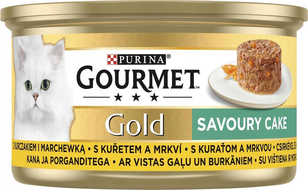 A can of Gourmet Gold cat food with a picture of a white cat and a serving of the food.