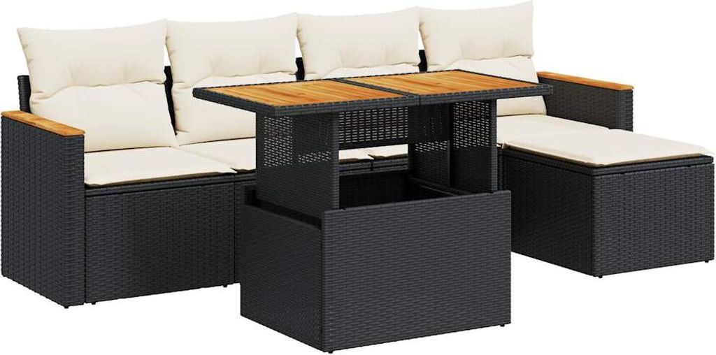6-tlg. Garten-Sofagarnitur mit Kissen Schwarz Poly Rattan