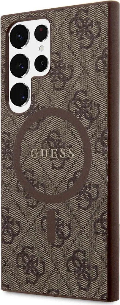 Guess S24 Ultra Cover Marrone 4G Pelle MagSafe Logo Metallo