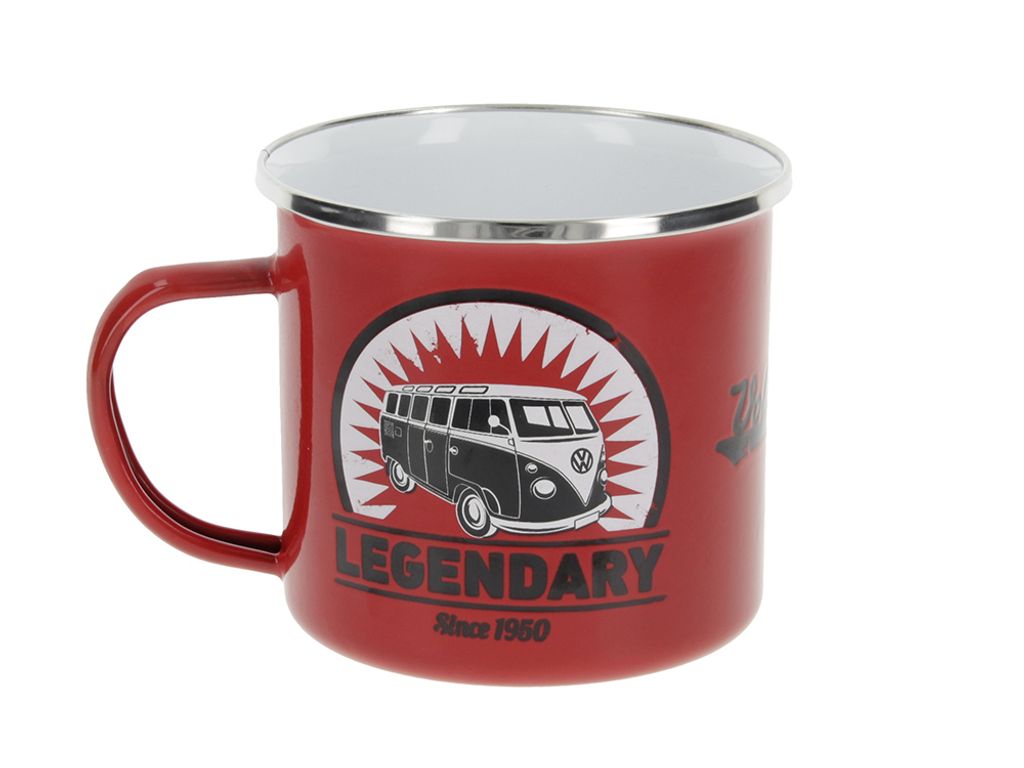 VW Collection Emaille Tasse 'VINTAGE LOGO RED - 500ml - mit Edelstahlrand