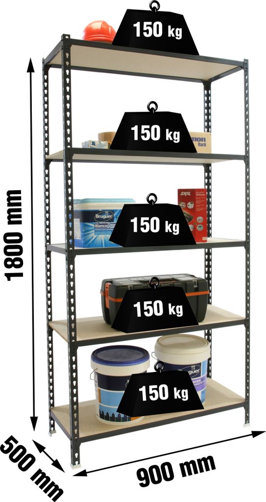 Schwerlastregal MULI | HxBxT 180x90x50cm | 5 Fachböden | Fachlast 150kg | Anthrazit | Lagerregal Kellerregal Werkstattregal Metallregal Fachbodenr...