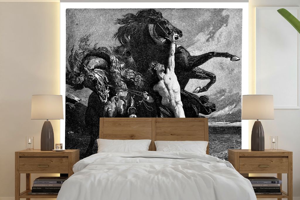 MuchoWow Fototapete für Wohnzimmer oder Schlafzimmer Wandtapete Vinyl Motivtapete Eine antike Illustration von Achilles und seinen Pferden - 220...