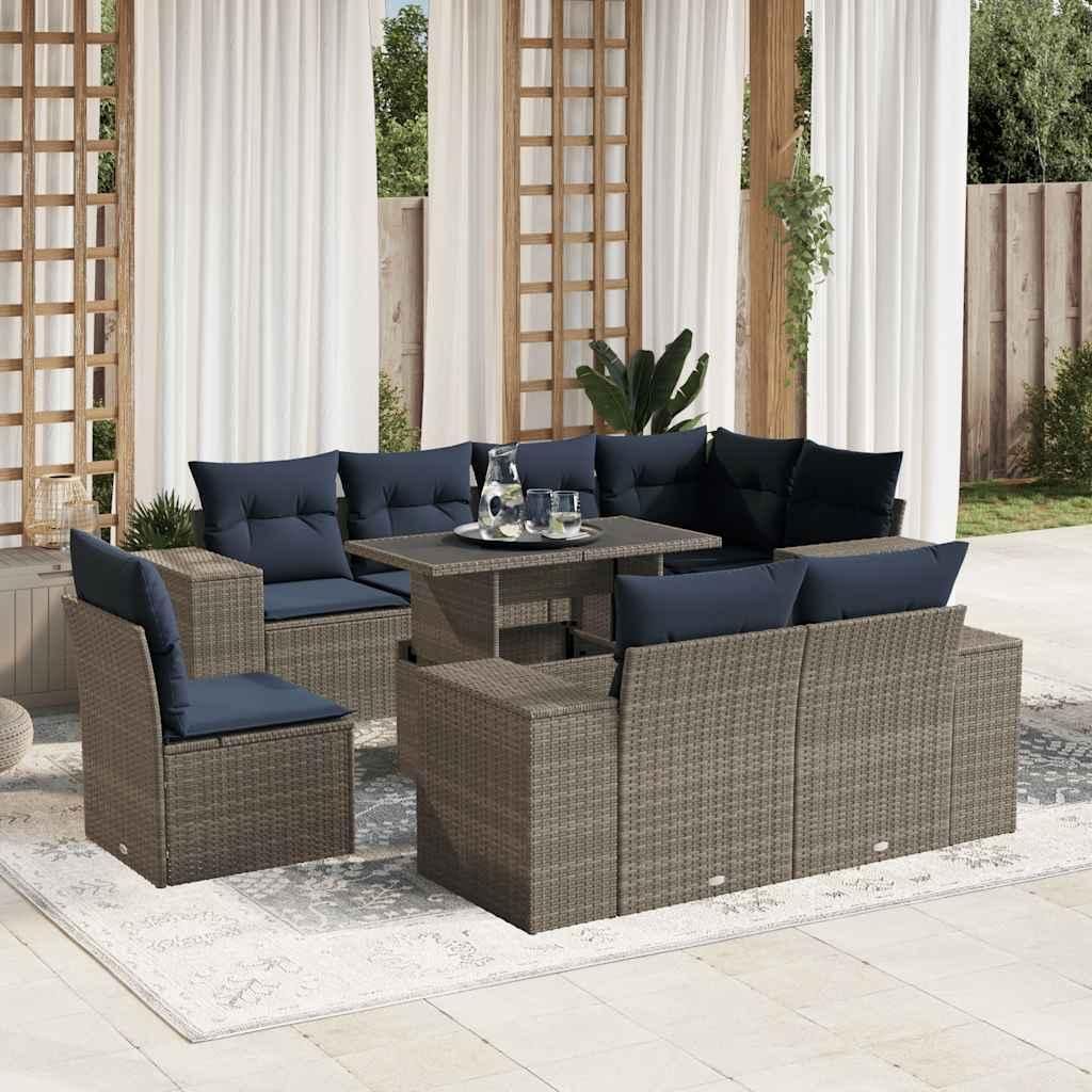 Maison Exclusive - 9-teiliges Gartensofa-Set mit Kissen, grau, Polyrattan