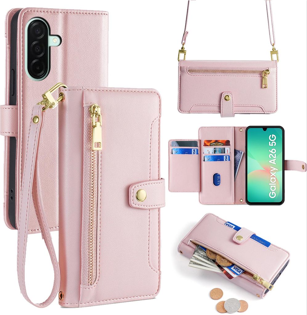 Handykette für Samsung Galaxy A26 Hülle mit Band Handyhülle Kartenfächer Kunstleder Umhängetasche in Rosa