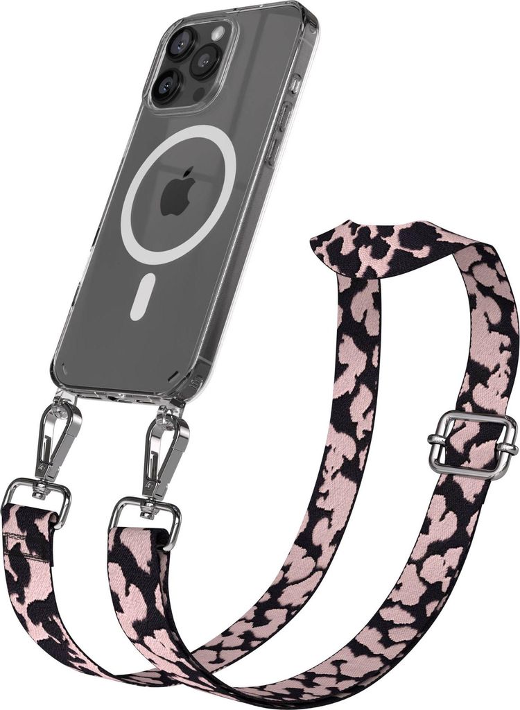 EAZY CASE - Handykette mit MagSafe Hülle für Apple iPhone 16 Pro Max, Handyband Camouflage Style, Karabiner Silber, Umhängeband in Rosa