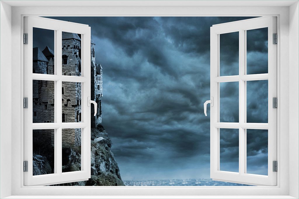 Wallario Poster mit Fenster-Illusion: Altes Geisterschloss, Größe: 61 x 91,5 cm (Maxiposter)