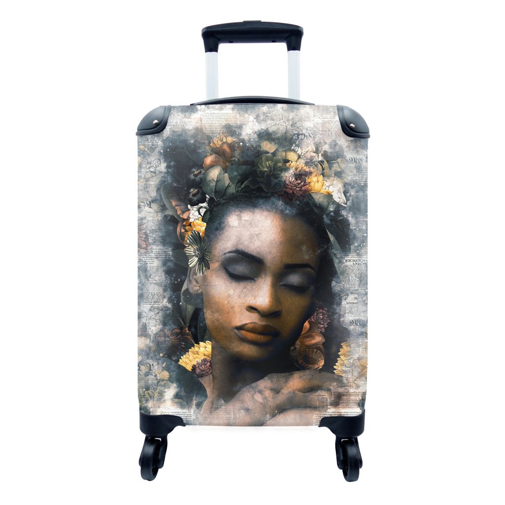 MuchoWow Koffer Handgepäck Trolley Rollkoffer Kleine Reisekoffer mit 4 Rollen - Frau - Rauch - Blumen - Cabin Size < 55x40x23 cm & 55x40x20 cm -...