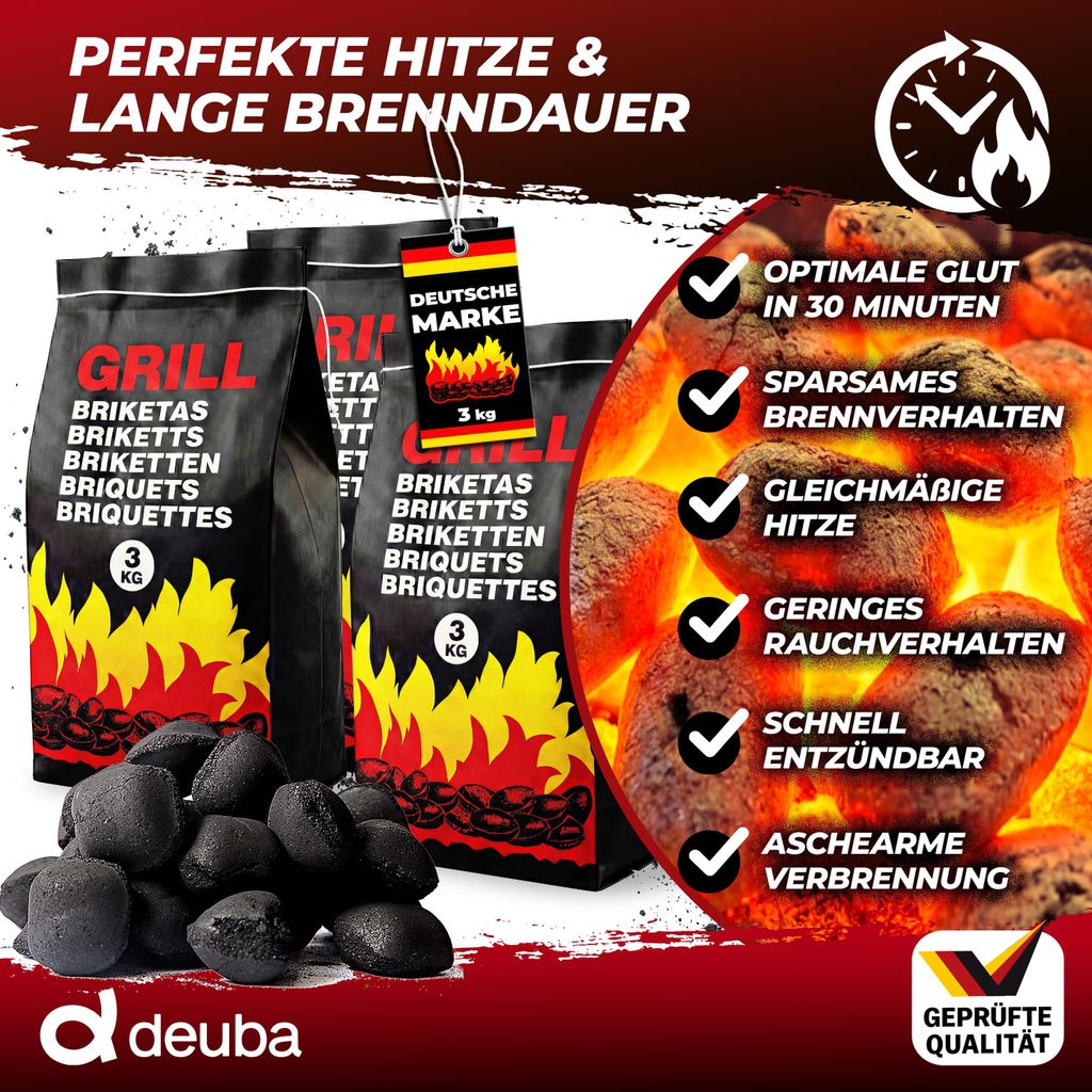 DEUBA® 18 Kg Grillbriketts 6 x 3kg Holzkohle Grillkohle Produktbild 