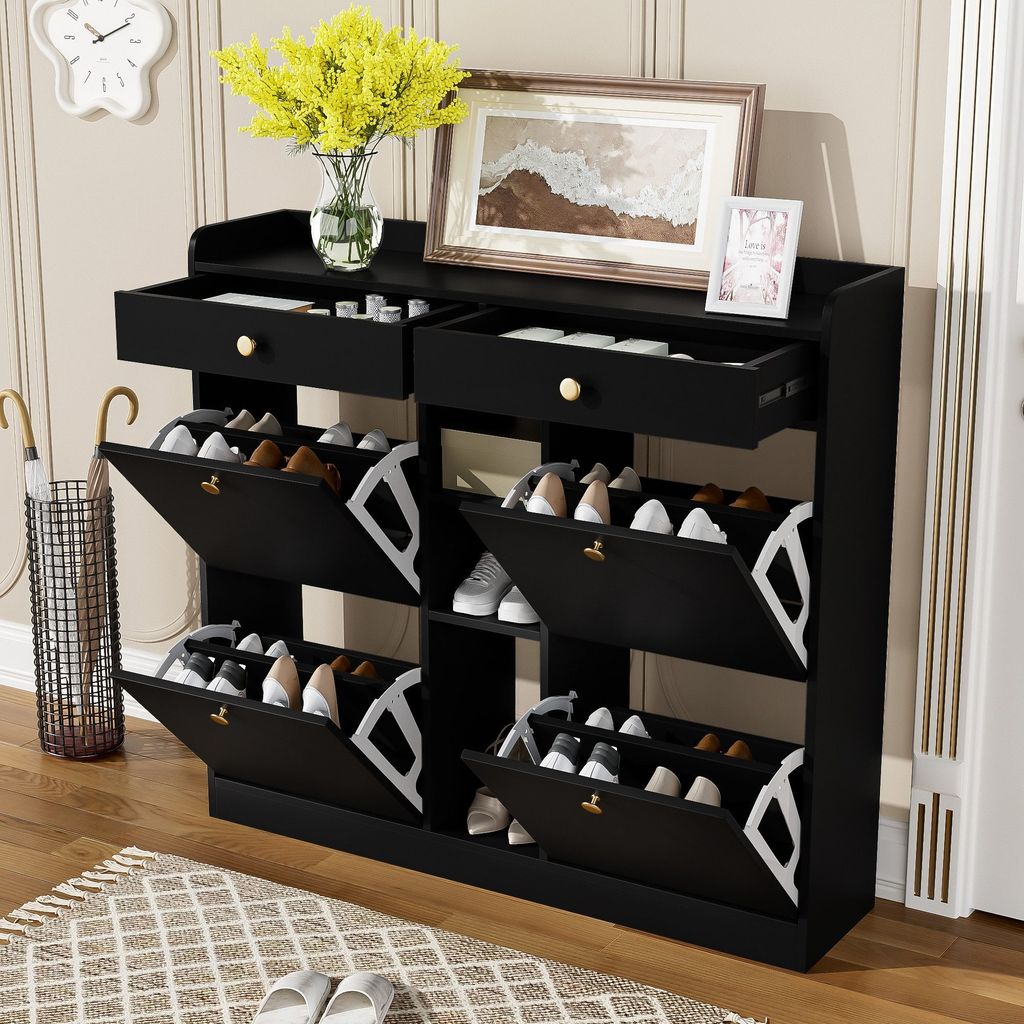 Odikalo Schuhschrank Schuhregal Schuhkommode Klapptüren Schubladen 110x26x100 Schwarz