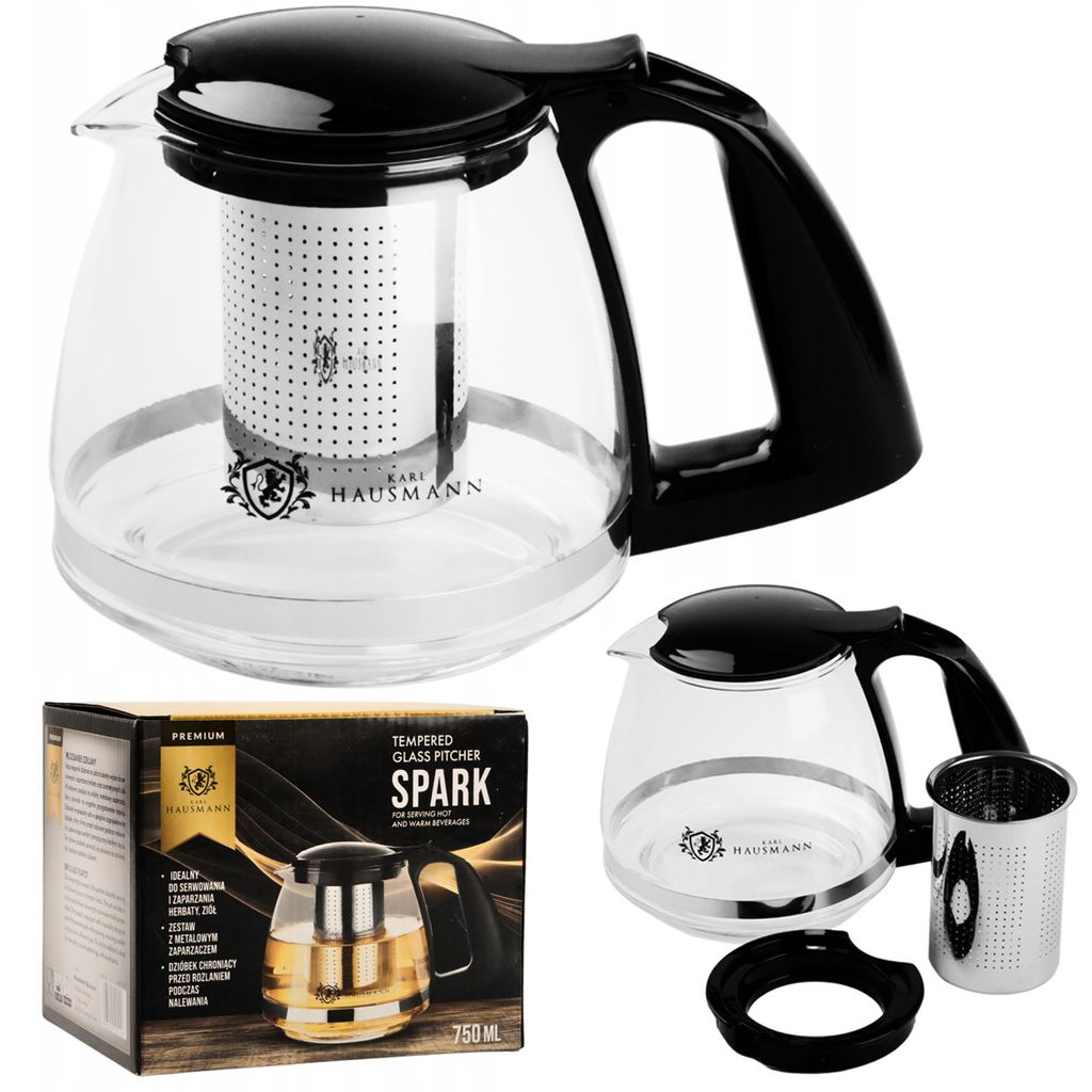 Glas-Teekanne mit Teesieb, Teekessel 750ml Teebereiter Glaskanne Teekrug Schwarz
