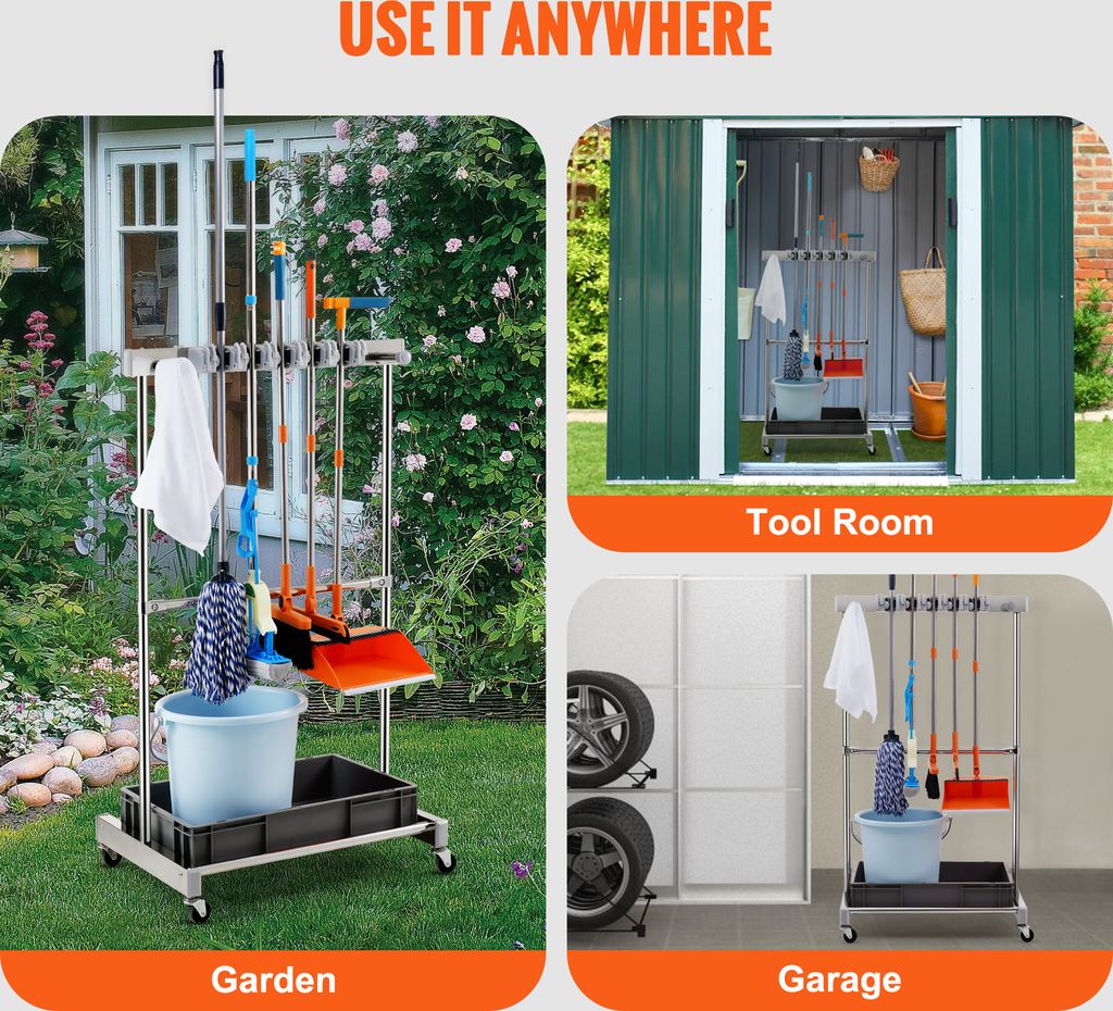 Organizer Per Attrezzi Da Giardino Con Ruote, Acciaio, 35 Slot Per Utensili A Mano Lunga, Per Garage E Capanno