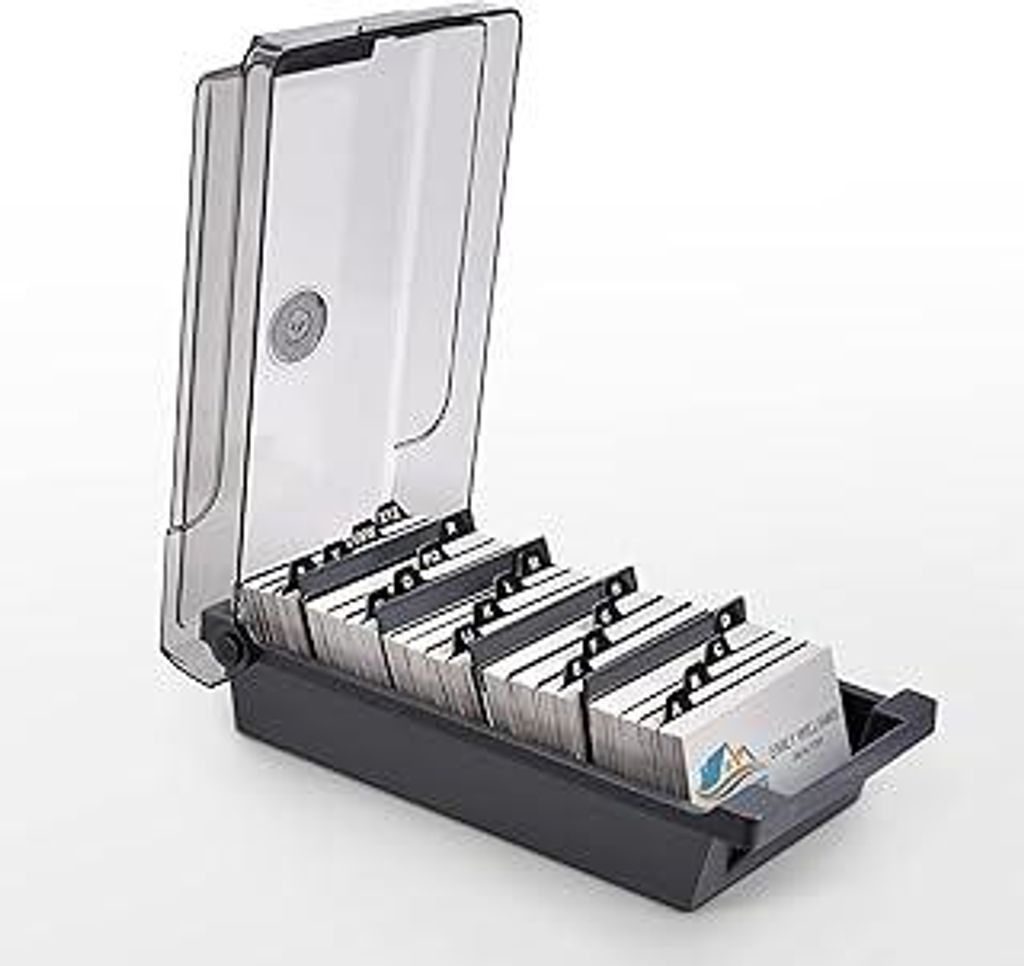 Senbaler Groß Visitenkartenbox Transparent,Business Card Box mit 4 Teilerplatinen und A-Z-Index-Registerkarten,500 Visitenkarten Aufbewahrungsbox ...