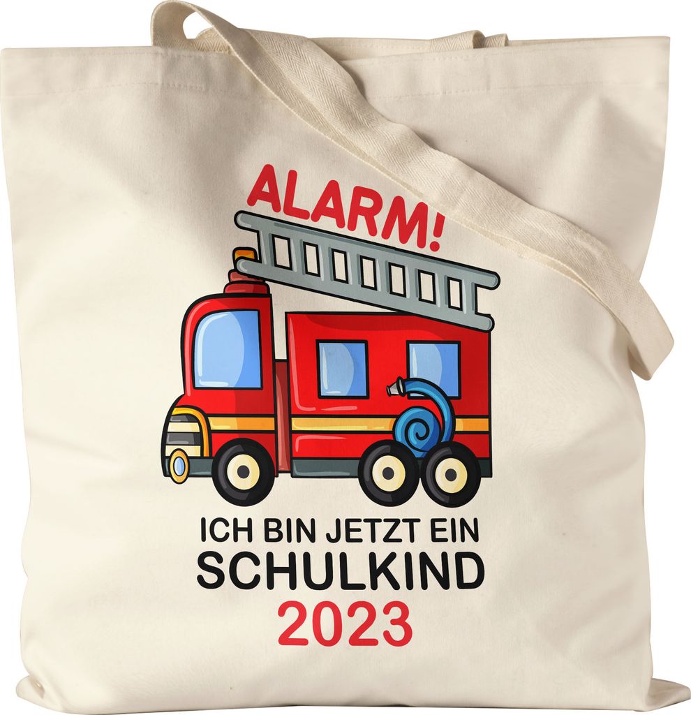 Alarm Ich Bin Jetzt Ein Schulkind 2023 Jutebeutel Stoffbeutel Canvas Rotes Feuerwehr-Auto Einschulungsgeschenk Idee